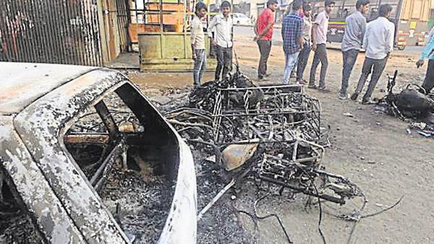 Pune, India - January 2, 2018: Torched vehicles at Koregaon Bhima in the violence in Pune, India, on Tuesday, January 2, 2018. (Photo by Pratham Gokhale/Hindustan Times)(Pratham Gokhale/HT Photo)