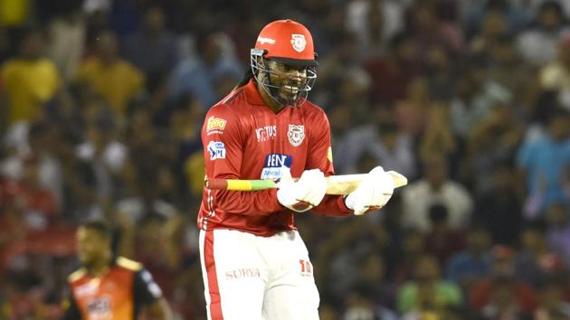 Chris Gayle scored 104 off 63 balls for Kings XI Punjab in their IPL 2018 match against Sunrisers Hyderabad in Mohali today.(Keshav Singh/HT photo)