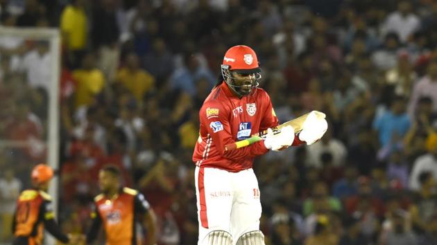 Chris Gayle celebrated his hundred by paying tribute to his daughter. His century saw KXIP post 193/3 in 20 overs. (ht photo) Chris Gayle celebrated his hundred by paying tribute to his daughter. His century saw KXIP post 193/3 in 20 overs. (ht photo)
