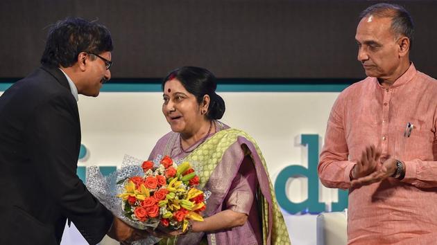 External affairs minister Sushma Swaraj (C) on Wednesday launched a portal, Study in India programme to draw more foreign students to about 160 premier universities and institutions across the country, including IITs and IIMs, with 15,000 seats in the 2018-19 academic year. This portal will help prospective students get information about the institutions and also register and apply to the programmes of their choice through it. (Kamal Singh / PTI) 