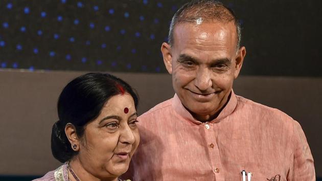 External affairs minister Sushma Swaraj with MoS HRD, Satyapal Singh, during the launch of ‘Study in India‘ portal in New Delhi.(PTI)