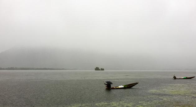Kashmiri boatman rows his boat in Dal Lake as it rains in Srinagar. (Waseem Andrabi/HT)