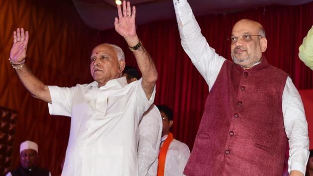 BJP national president Amit Shah (right) and party state president BS Yeddyurappa during a meeting in Bengaluru on Wednesday. Shah was in Karnataka on a two-day election campaign tour. (PTI) BJP national president Amit Shah (right) and party state president BS Yeddyurappa during a meeting in Bengaluru on Wednesday. Shah was in Karnataka on a two-day election campaign tour. (PTI)