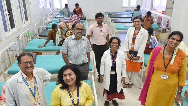 The gender care team at the Mahatma Gandhi Medical College and Research Institute that provides sex reassignment surgery (SRS) to transgender clients in Puducherry. It includes Sheetal, a thirunangai community representative, and Dr Sameera Jahagirdar, a transgender woman (back row), and anaesthetist.(Arijit Sen/HT Photo)