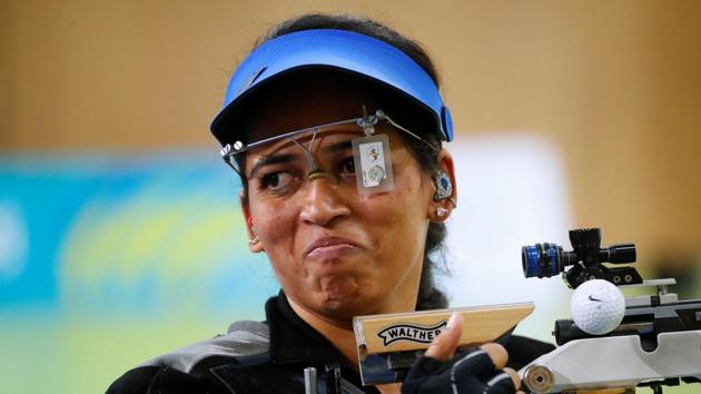 Tejaswini Sawant shattered the Games record in the women’s 50m rifle 3 position event on her way to the gold medal at the 2018 Commonwealth Games and says this win wasn’t a comeback for her.(REUTERS)