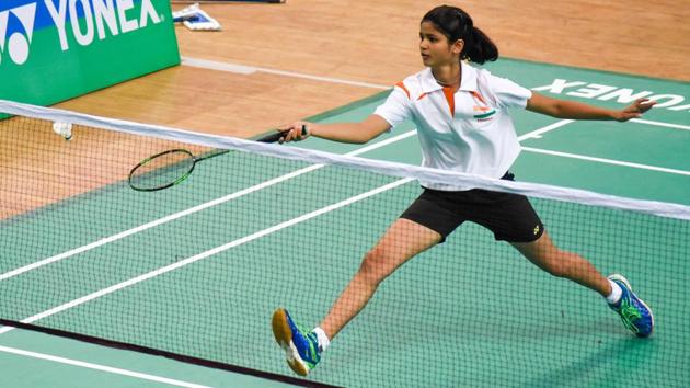 Prerna Alvekar in action at the World School Badminton Championship held at Shiv Chhatrapati sports complex, Balewadi, on Friday.(SANKET WANKHADE/HT PHOTO)