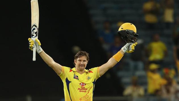 Shane Watson of the Chennai Super Kings celebrates his century vs Rajasthan Royals at the Maharashtra Cricket Association Cricket Stadium, Pune on 20th April 2018.(IPL)