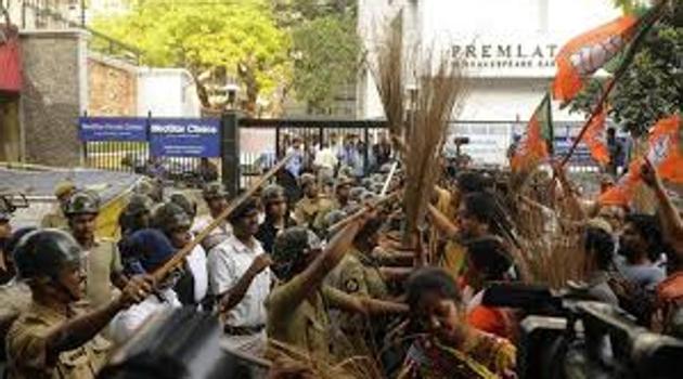File picture of BJP workers agitating in front of the State Election Commission office in Kolkata. (HT Photo) File picture of BJP workers agitating in front of the State Election Commission office in Kolkata. (HT Photo)