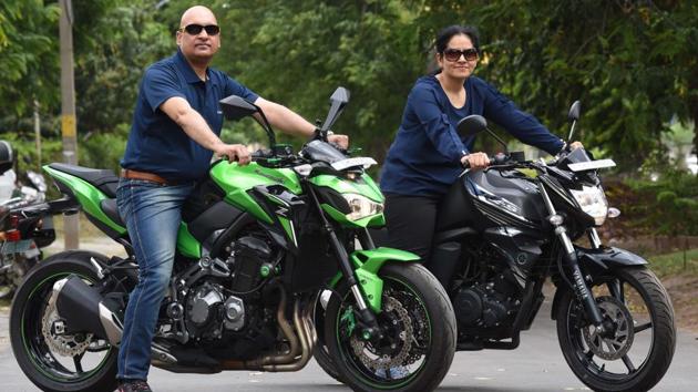 Anuradha Sharma, a Maths teacher and her businessman husband, Sanjeev Sharma love to bond over a weekend on their powerful motorbikes.(Sanjeev Sharma.HT)