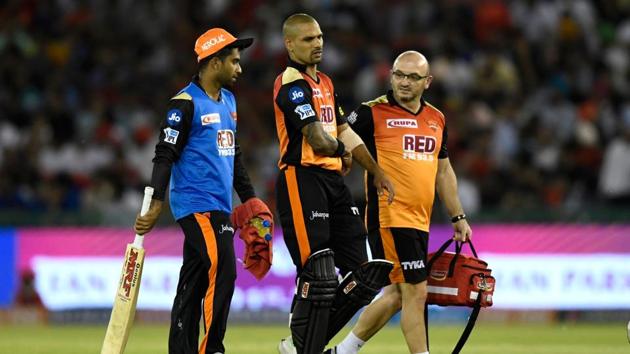 Shikhar Dhawan was forced to retire hurt from SRH’s previous match against Kings XI Punjab (KXIP) after being hit on the hand on the very first ball he faced from Barinder Sran.(AFP)