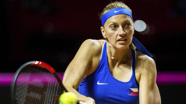 Czech Republic's Petra Kvitova returns a shot to Julia Goerges during their Fed Cup tennis semifinal on Saturday.(AP)