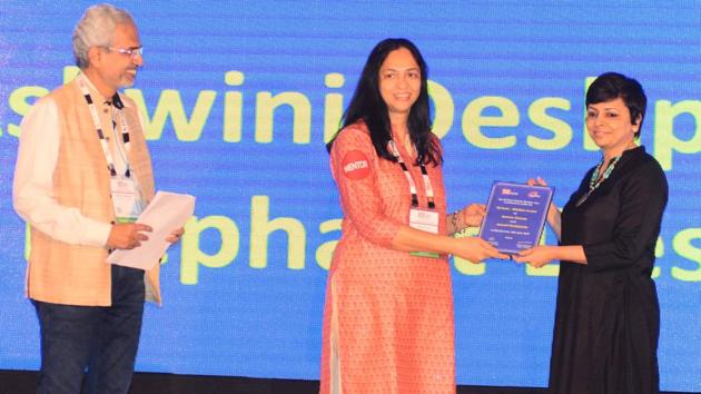 Sujata Tilak, managing director, Ascent Intellimation Pvt Ltd, (center) presented the Woman Champ award to Ashwini Deshpande, founder, Elephant Design, ex-global trustee at TiECon Pune 2018 awards function on Friday. (SHANKAR NARAYAN/HT PHOTO) Sujata Tilak, managing director, Ascent Intellimation Pvt Ltd, (center) presented the Woman Champ award to Ashwini Deshpande, founder, Elephant Design, ex-global trustee at TiECon Pune 2018 awards function on Friday. (SHANKAR NARAYAN/HT PHOTO)