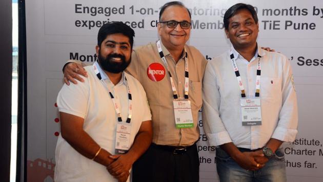 Manish Choudhary (left) and Amol Sharma (extreme right) with their mentor Hemant Jalan, who were a part of nurture program at the TiECon Annual Entrepreneurship Awards function. (SHANKAR NARYAN/HT PHOTO) Manish Choudhary (left) and Amol Sharma (extreme right) with their mentor Hemant Jalan, who were a part of nurture program at the TiECon Annual Entrepreneurship Awards function. (SHANKAR NARYAN/HT PHOTO)