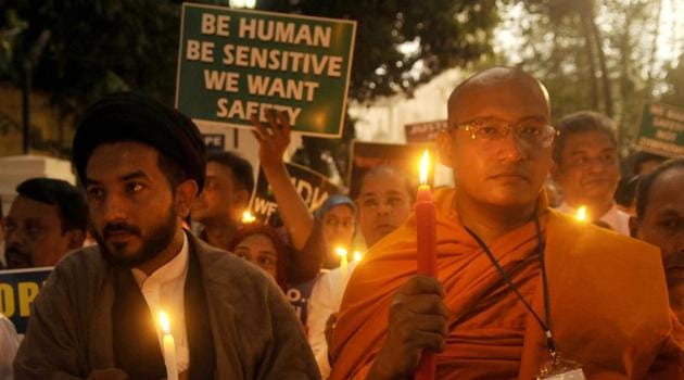 People from different communities took to the streets across the country over the past two weeks protesting against the rape and murder of an eight-year-old girl in Jammu and Kashmir’s Kathua district and the rape of a teenager in Uttar Pradesh’s Unnao district. Condemning inaction, demonstrators were out demanding swift trials and strict punishment for the accused in both cases. (Samir Jana / HT Photo) People from different communities took to the streets across the country over the past two weeks protesting against the rape and murder of an eight-year-old girl in Jammu and Kashmir’s Kathua district and the rape of a teenager in Uttar Pradesh’s Unnao district. Condemning inaction, demonstrators were out demanding swift trials and strict punishment for the accused in both cases. (Samir Jana / HT Photo)