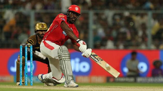 Get highlights of the IPL 2018 clash between Kolkata Knight Riders (KKR) and Kings XI Punjab (KXIP) at the Eden Gardens here. Chris Gayle in action for Kings XI Punjab on Saturday.(BCCI)