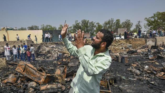 More than 40 shanties were gutted after a major fire broke out at the Rohingya camp at Kanchan Kunj near Kalindi Kunj on April 15, 2018. (Burhaan Kinu / HT Photo) More than 40 shanties were gutted after a major fire broke out at the Rohingya camp at Kanchan Kunj near Kalindi Kunj on April 15, 2018. (Burhaan Kinu / HT Photo)