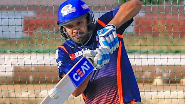 Mumbai Indians (MI) captain Rohit Sharma plays a shot during the practice session ahead of the Indian Premier League (IPL 2018) match against Rajasthan Royals (RR) at Sawai Mansingh Stadium in Jaipur on Saturday.(PTI)