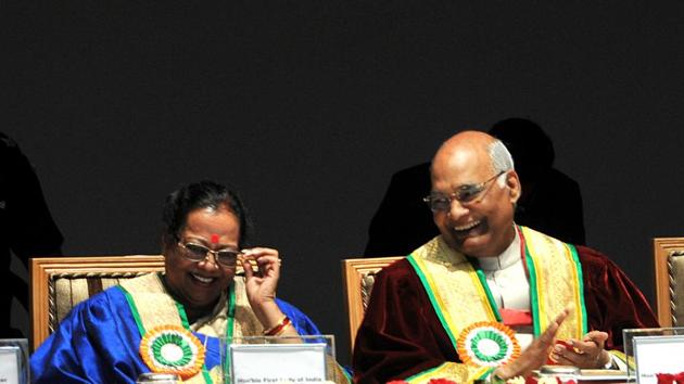 President Ram Nath Kovind along with his wife Savita Kovind, first lady during the sixth convocation of Shri Mata Vaishno Devi University in Katra, Jammu on April 18, 2018. (Nitin Kanotra / HT Photo) President Ram Nath Kovind along with his wife Savita Kovind, first lady during the sixth convocation of Shri Mata Vaishno Devi University in Katra, Jammu on April 18, 2018. (Nitin Kanotra / HT Photo)
