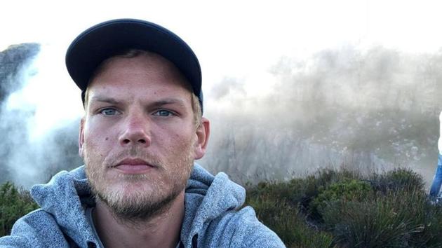 A photo of DJ Avicii. Avicii is a white man with blonde hair, a bread, and blue eyes. In this photo, he has a neutral face. He is wearing a gray hoodie and a dark colored baseball cap. In this photo, he is standing in front of a mountain covered in shubbery, trees, and other plants. 