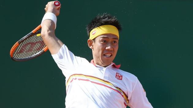 Japan's Kei Nishikori hits a return to Germany's Alexander Zverev during their Monte Carlo Masters match on Saturday.(AFP)