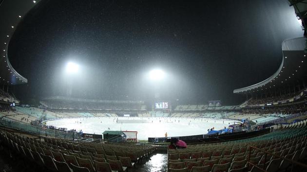 Rain stopped play at the Eden Gardens for 95 minutes after which KXIP were given a revised target of 125 in 13 overs. (BCCI) 