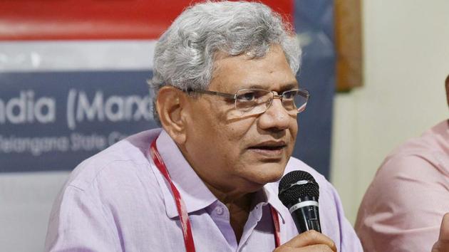 CPI(M) General Secretary Sitaram Yechury addresses the media persons as part of the 22nd Party National Congress in Hyderabad on Thursday.(PTI Photo)