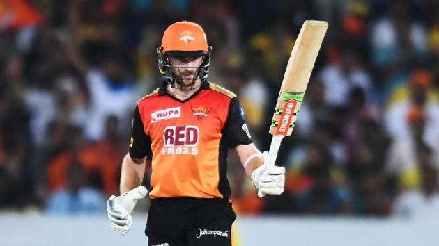 Sunrisers Hyderabad’s Kane Williamson raises his bat after scoring a half century during the IPL 2018 match between Sunrisers Hyderabad and Chennai Super Kings at the Rajiv Gandhi International Cricket Stadium in Hyderabad on April 22, 2018.(AFP)