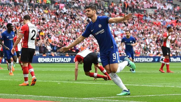 Alvaro Morata celebrates after scoring for Chelsea FC against Southampton in the FA Cup 2018 semifinal on Sunday.(AFP)