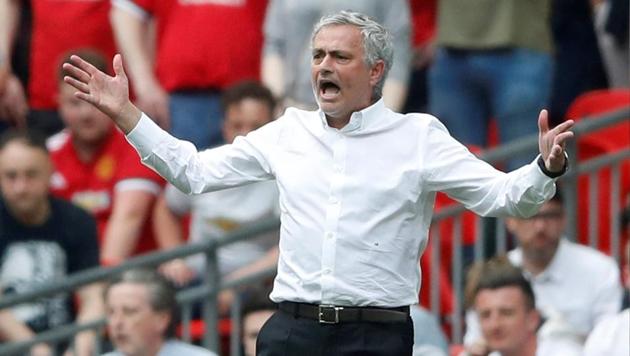 Manchester United manager Jose Mourinho reacts during the club’s FA Cup semi-final against Tottenham Hotspur.(REUTERS)