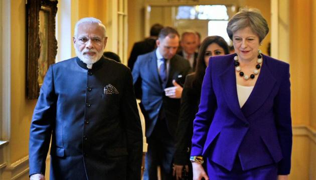 Prime Minister Narendra Modi with British Prime Minister Theresa May at 10 Downing Street in London on Wednesday. (PTI Photo) Prime Minister Narendra Modi with British Prime Minister Theresa May at 10 Downing Street in London on Wednesday. (PTI Photo)