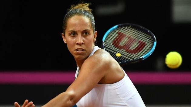 Madison Keys returns the ball to France's Pauline Parmentier during the Fed Cup semi-final between France and USA, on April 22, 2018 at the Arena stadium in Aix en Provence.(AFP)