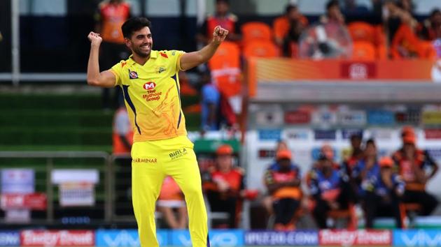 Deepak Chahar’s 3/15 helped Chennai Super Kings defeat Sunrisers Hyderabad by four runs for their fourth win in IPL 2018.(BCCI)