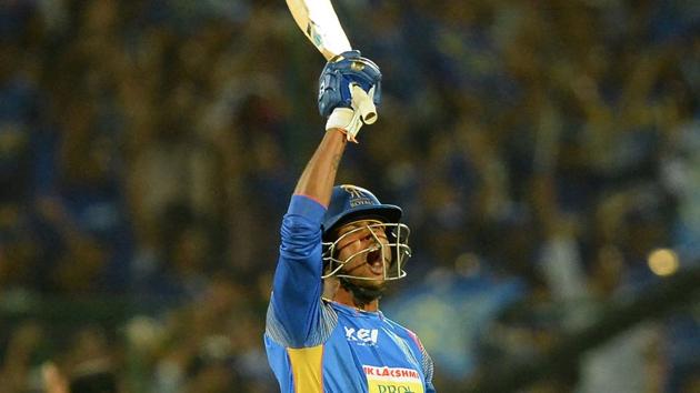 Rajasthan Royals (RR) batsman Krishnappa Gowtham celebrates after hitting the winning runs during their 2018 Indian Premier League (IPL 2018) match against Mumbai Indians (MI) in Jaipur on Sunday.(AFP)