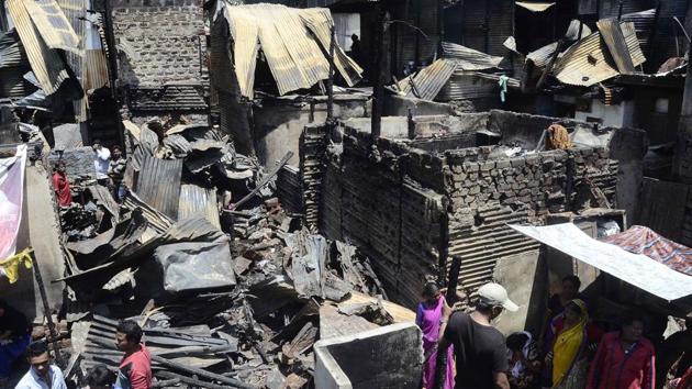 Although there were no casualties on Sunday, the fire led to widespread destruction of property in Ambedkar nagar behind market yard in Pune. (RAVINDRA JOSHI/HT PHOTO) Although there were no casualties on Sunday, the fire led to widespread destruction of property in Ambedkar nagar behind market yard in Pune. (RAVINDRA JOSHI/HT PHOTO)