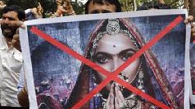 Members of an organisation carry posters and shout slogans against the release of the Bollywood film Padmaavat near the office of Central Board of Film Certification in Mumbai on January 12.(AP file photo)