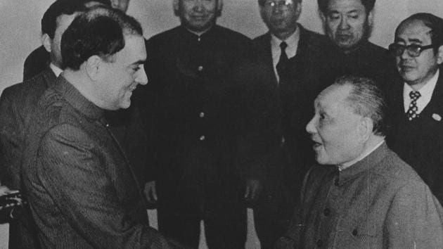 Prime Minister Rajiv Gandhi (L) is greeted by Chinese leader Deng Xiaoping at Beijing’s Great Hall of the People on December 22, 1988 .(File photo)