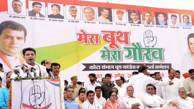 Rajasthan Congress president Sachin Pilot addresses 'Mera Booth Mera Gaurav' programme in Kota on Monday. (A H Zaidi/ HT Photo) Rajasthan Congress president Sachin Pilot addresses 'Mera Booth Mera Gaurav' programme in Kota on Monday. (A H Zaidi/ HT Photo)