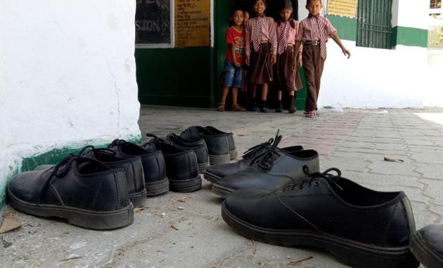 The Yogi government had spent Rs 266 crore in distributing a free pair of shoes and socks to all 1.54 crore government-run primary and upper primary students.(HT Photo) The Yogi government had spent Rs 266 crore in distributing a free pair of shoes and socks to all 1.54 crore government-run primary and upper primary students.(HT Photo)