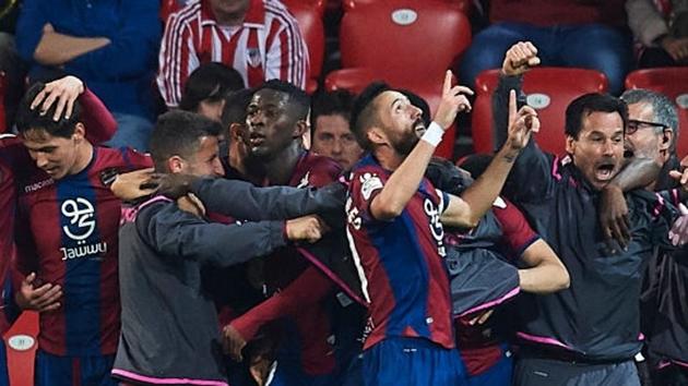 Levante players celebrate after scoring a goal against Athletic Bilbao in their Spanish La Liga match on Monday.(Getty Images)