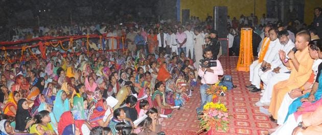 Several villagers, including many women, were seen at the chaupal where Adityanath interacted with villagers.(HT Photo)