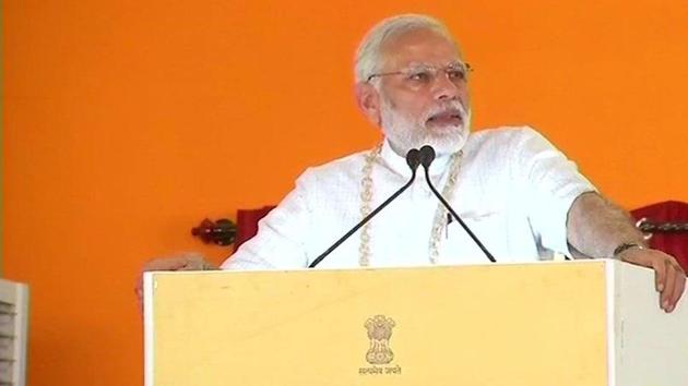 Prime Minister Narendra Modi addresses a gathering in Mandla in Madhya Pradesh on the occasion of National Panchayati Raj Day on April 24.(ANI Photo/Twitter)