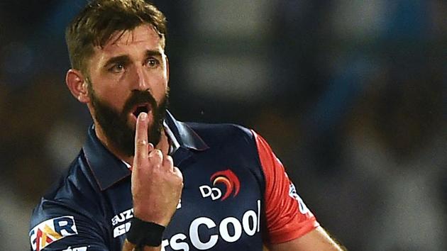 Delhi Daredevils bowler Liam Plunkett celebrates the wicket of Kings XI Punjab’s (KXIP) Mayank Agarwal (not in the picture) during their 2018 Indian Premier League (IPL 2018) at the Feroz Shah Kotla cricket stadium in New Delhi on Monday.(AFP)