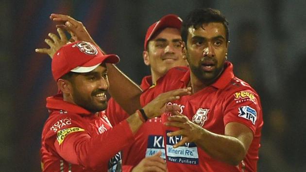 Kings XI Punjab captain Ravichandran Ashwin (R) celebrates with teammates after dismissing Delhi Daredevils batsman Dan Christian during their 2018 Indian Premier League (IPL 2018) match on Monday.(AFP)