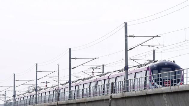 A 21.56-km-long segment of the Pink line -- from Majlis Park to Durgabai Deshmukh South Campus -- was opened for the public last month. (Sunil Ghosh/HT File Photo) A 21.56-km-long segment of the Pink line -- from Majlis Park to Durgabai Deshmukh South Campus -- was opened for the public last month. (Sunil Ghosh/HT File Photo)