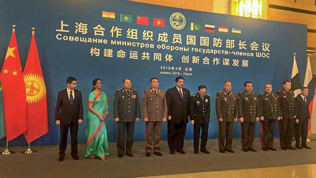 Defence minister Nirmala Sitharaman with other ministers at Shanghai Cooperation Organisation's (SCO) Defence Ministers' meeting in Beijing on Tuesday.(PTI Photo)