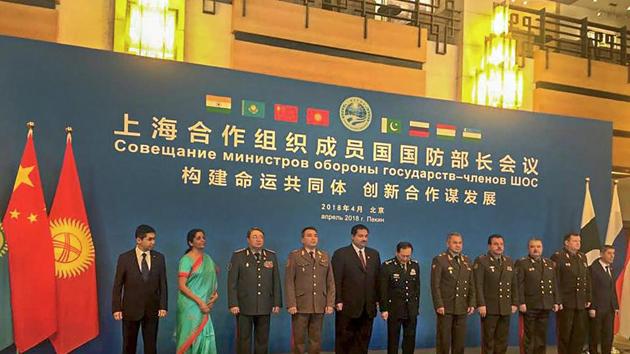 Nirmala Sitharaman with other ministers at Shanghai Cooperation Organisation's (SCO) Defence Ministers' meeting in Beijing on Tuesday.(PTI)