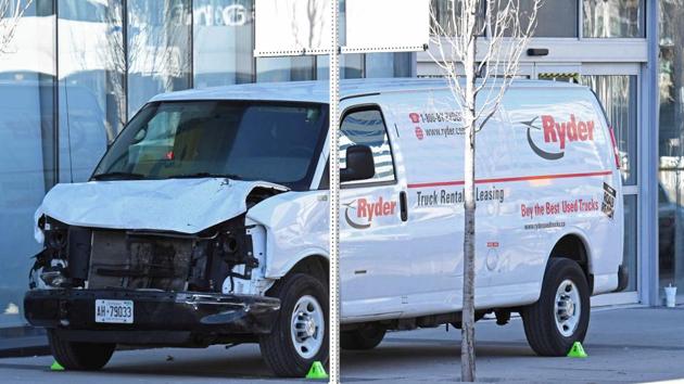 The van that was driven into a crowd by 25-year-old Alek Minassian in Toronto , Canada, on Monday killing 10 pedestrians.(Reuters Photo)