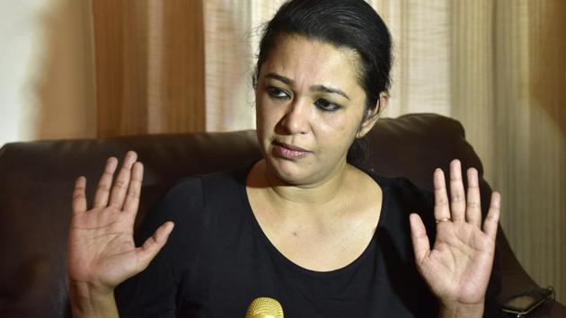 Sabrina Lall, Jessica Lall's sister, at a press conference in her Gurgaon residence.(Sanjeev Verma/HT PHOTO)