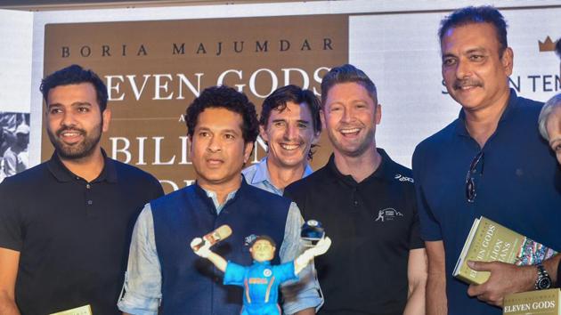 Rohit Sharma, Tendulkar, Michael Clarke and Ravi Shastri at the launch of Boria Majumdar’s book “Eleven God and a Billion Indians” on Monday. (PTI) Rohit Sharma, Tendulkar, Michael Clarke and Ravi Shastri at the launch of Boria Majumdar’s book “Eleven God and a Billion Indians” on Monday. (PTI)