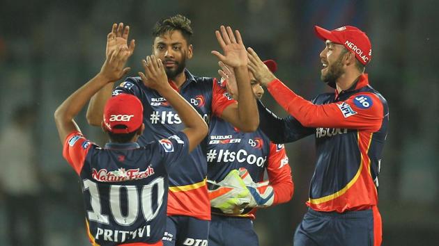 Avesh Khan of the Delhi Daredevils celebrates after taking the wicket of Aaron Finch of Kings XI Punjab during their 2018 Indian Premier League (IPL 2018) match in New Delhi.  (bcci) 